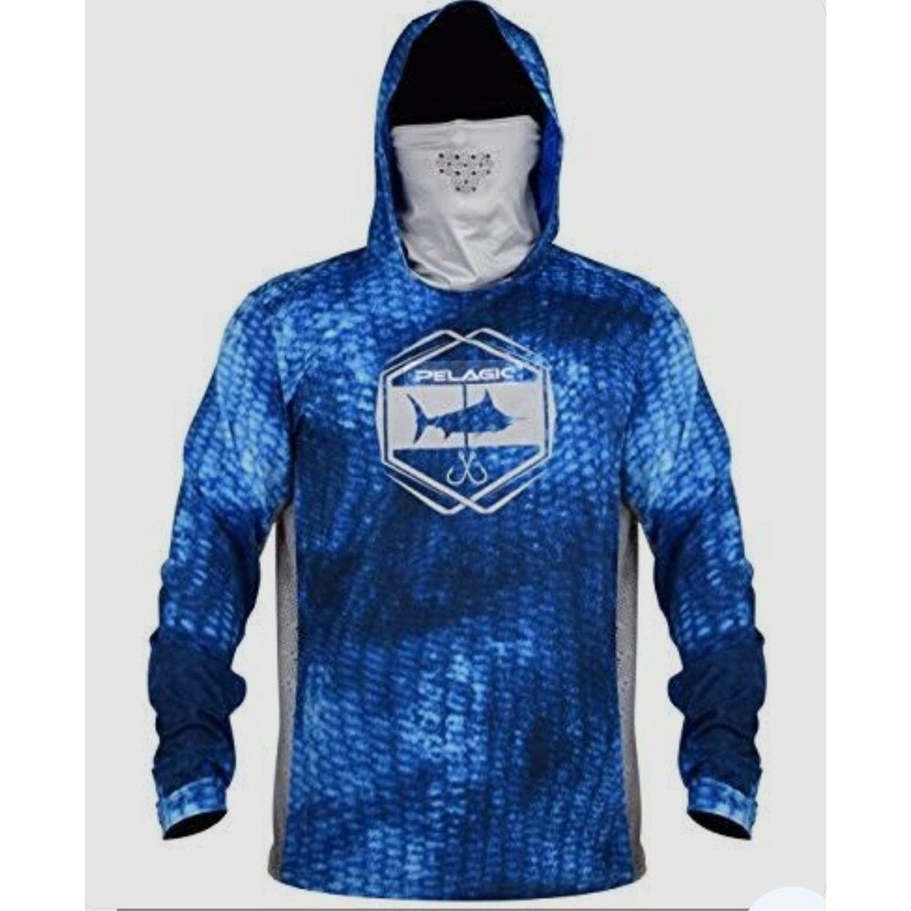 Pelagic EXO-TECH Performance Fishing Hooded Shirt Face Mask Mens Large Blue Camo
